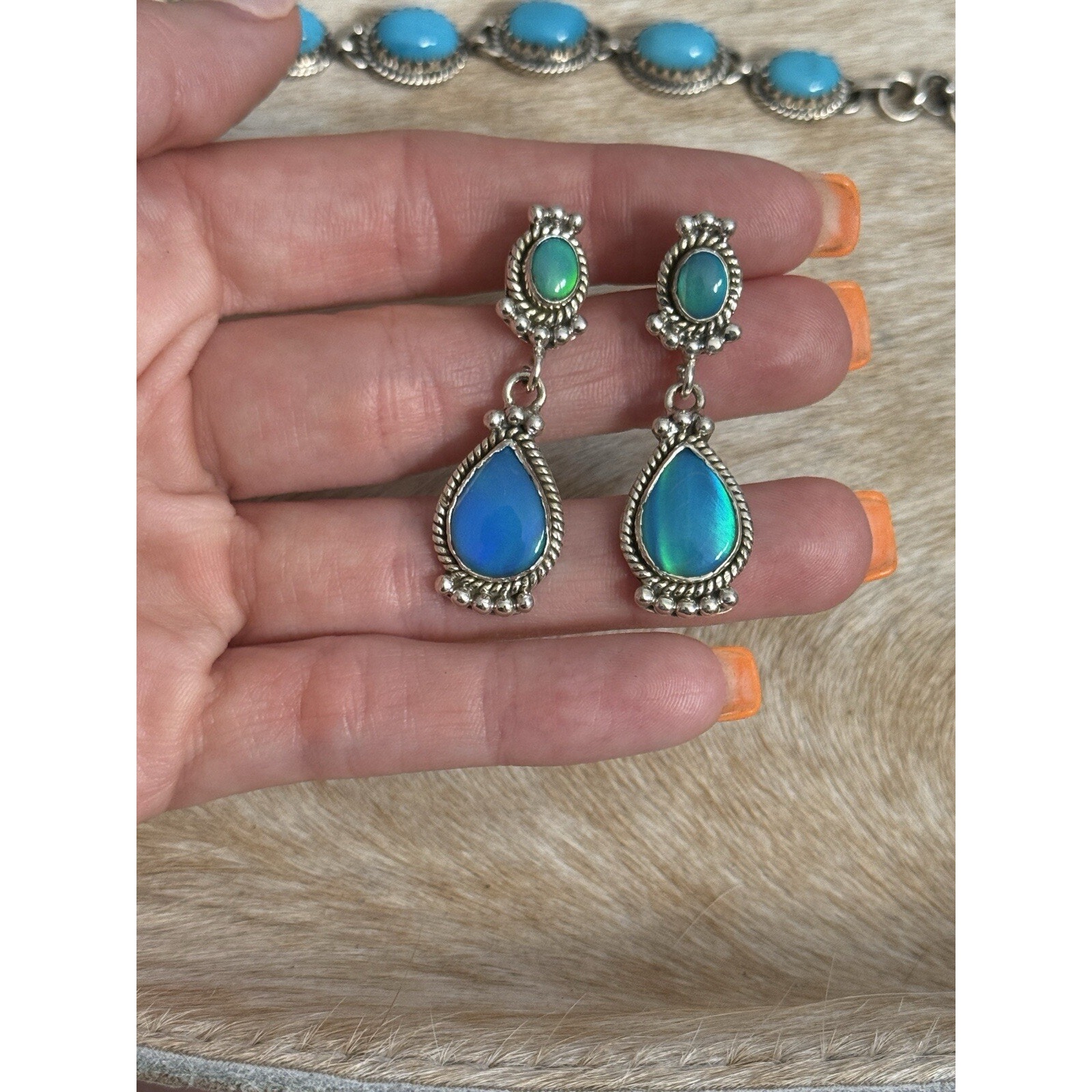 Native American Sw Sterling Silver Aurora Blue Fire Opal Tear Drop Post Earrings